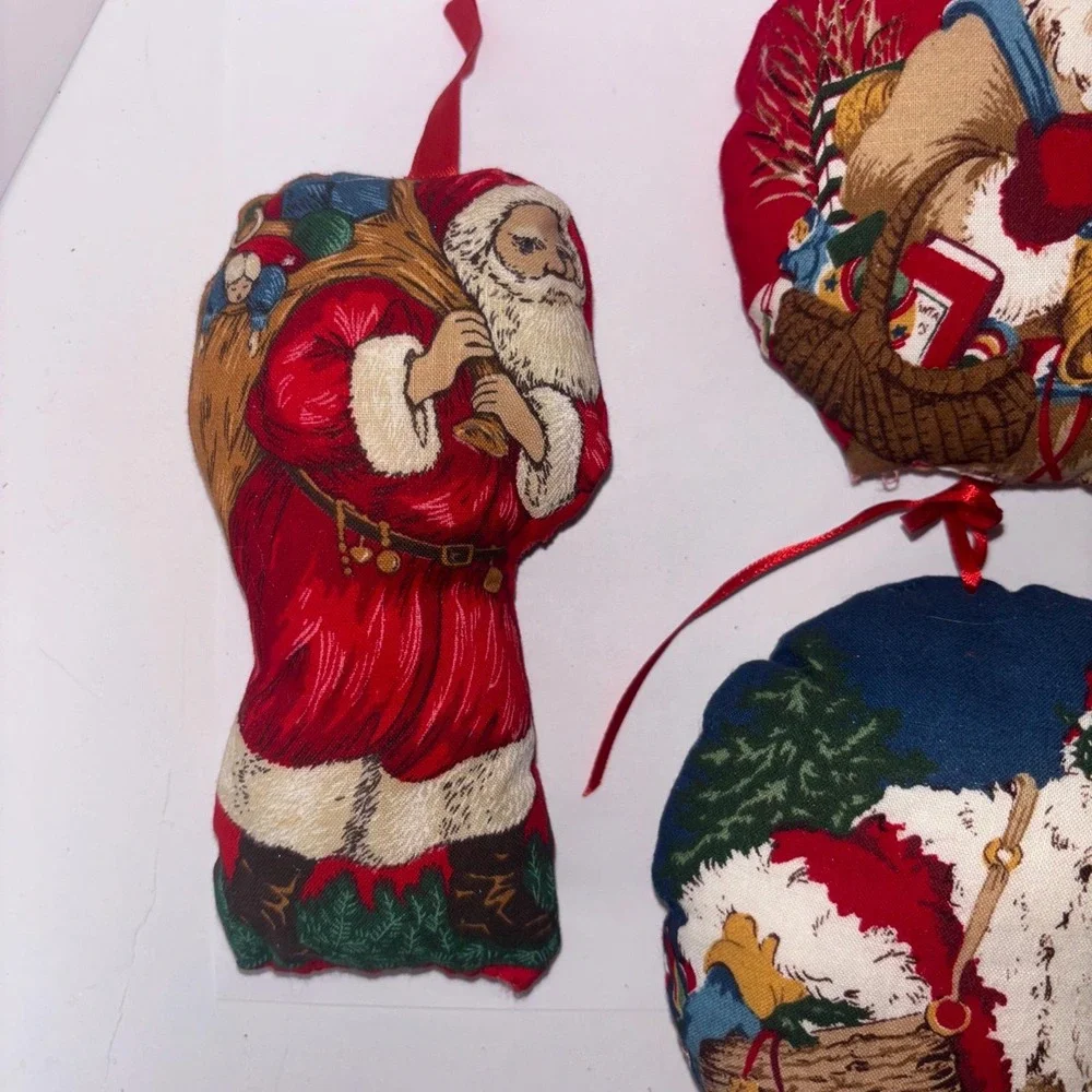 4 Vintage Fabric Pillow Christmas Ornaments Father Christmas Santa